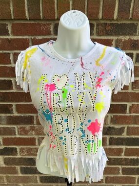 NWOT Women’s White Fringe Tee with Neon Paint Splatter